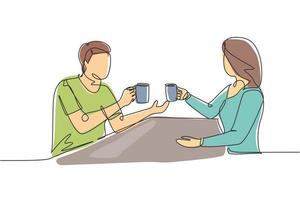 un'unica linea continua che disegna una giovane coppia che tiene una tazza di caffè caldo, preparando un brindisi per celebrare il successo di un progetto di lavoro d'ufficio. illustrazione vettoriale di disegno grafico di disegno grafico di una linea dinamica