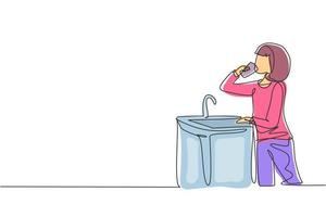 singola ragazza disegno a tratteggio acqua potabile dal rubinetto pronto da bere. sete e disidratazione dovute al caldo durante il giorno. momento fresco. illustrazione vettoriale grafica di disegno di disegno di linea continua moderna