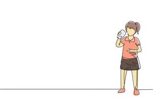 continua una ragazza che disegna una linea in piedi mentre beve latte in una bottiglia per soddisfare la nutrizione del suo corpo. concetto di stili di vita sani per i bambini. illustrazione grafica vettoriale di disegno di disegno a linea singola