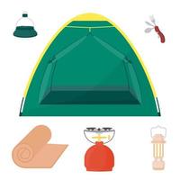 campeggio kit. turista tenda, temporaneo riparo. guidato campeggio lampada. portatile torcia elettrica. lanciato tappeto per gli sport o escursionismo. gas stufa per turisti. il bruciatore. portatile posate impostare. vettore illustrazione.