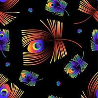 Seamless pattern di piume di pavone colorate su sfondo nero. vettore