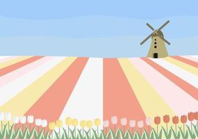 illustrazione vettoriale di concetto con campi di tulipani olandesi e un mulino. perfetto per la pubblicazione su Internet, carta da parati, poster, biglietti di auguri.
