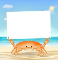 granchio di mare con carta bianca su una spiaggia di sabbia di mare vettore