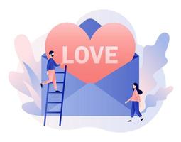 nel amore. minuscolo persone con grande amore lettera. cuore nel grande buste. San Valentino giorno concetto. moderno piatto cartone animato stile. vettore illustrazione su bianca sfondo