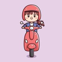 carino ragazza o donna equitazione motociclo scooter piatto schema personaggio cartone animato chibi kawaii vettore