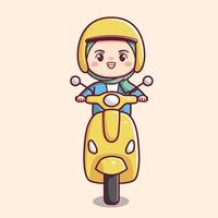 carino hijab ragazza equitazione motociclo scooter piatto delineato illustrazione semplice Vintage ▾ mezzi di trasporto cartone animato kawaii chibi vettore