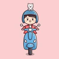 carino contento ragazzo o uomo equitazione motociclo scooter con carino gatto piatto schema personaggio chibi kawaii vettore