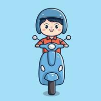 carino ragazzo o uomo equitazione motociclo scooter piatto schema personaggio cartone animato chibi kawaii vettore