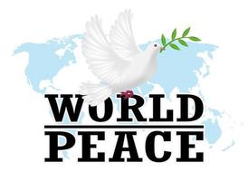 pace nel mondo con il piccione bianco su una mappa del mondo vettore