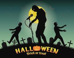 festa di canto di zombie di Halloween nel cimitero di notte vettore