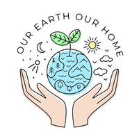 nostro terra nostro casa. mani Tenere il pianeta. vettore eco illustrazione. mano disegnato schizzo scarabocchio stile.