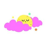 carino Luna nel un' rosa nube e colorato stelle. bambino carino vettore illustrazione.