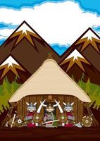 carino cartone animato vichingo guerrieri e fattoria norvegese storia illustrazione vettore