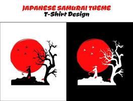 samurai con rosso Luna maglietta design. urbano samurai. samurai con albero. silhouette Giappone samurai vettore per design maglietta concetto. samurai vettore illustrazione