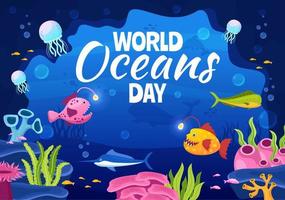 mondo oceani giorno illustrazione per Aiuto proteggere e Conserve oceano, pesce, ecosistema o mare impianti nel piatto cartone animato mano disegnato per atterraggio pagina modelli vettore