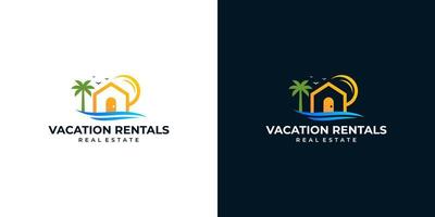 vacanza logo design modello con tropicale spiaggia, Casa, sole, e palma albero design vettore illustrazione. icona, simbolo, creativo.