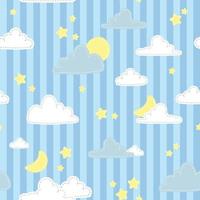 carino nuvola stella e luna su sfondo a strisce blu cartone animato doodle seamless pattern vettore