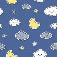 carino nuvola stella e luna su sfondo blu cartone animato doodle seamless pattern vettore