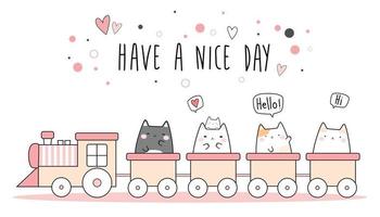 carino gattino paffuto gatto seduto sul treno cartoon doodle vettore