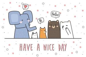 simpatici animali elefante gatto cane orsacchiotto e orso polare saluto cartone animato doodle carta vettore