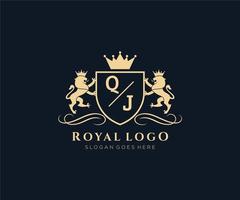 iniziale qj lettera Leone reale lusso stemma araldico logo modello nel vettore arte per ristorante, regalità, boutique, bar, Hotel, araldico, gioielleria, moda e altro vettore illustrazione.