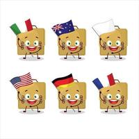 fionda Borsa scuola cartone animato personaggio portare il bandiere di vario paesi vettore