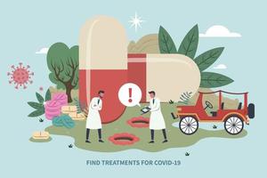 scienziati mantenere ricerca nuovo trattamenti per covid-19 piatto design concettuale illustrazione, gigante capsule e pillole nel il giardino dietro a medico personale vettore