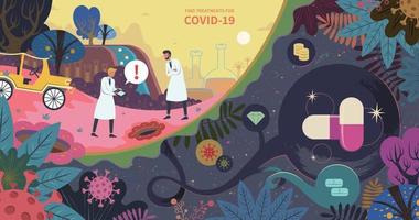scienziati mantenere ricerca nuovo trattamenti per covid-19 nel bellissimo giardino, piatto design concettuale illustrazione con gigante capsule nascondiglio metropolitana vettore