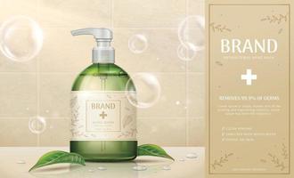 3d illustrazione di mano lavare anno Domini modello, realistico pompa bottiglia modello impostato su beige tavolo con verde le foglie vettore