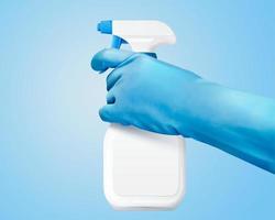3d illustrazione di realistico mani Tenere bianca plastica grilletto spray bottiglia, isolato su leggero blu sfondo vettore