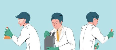 impostato di medico scienziati isolato su leggero blu sfondo, con uno Tenere test tubi, uno tremante erlenmeyer borraccia e il altro utilizzando microscopio vettore