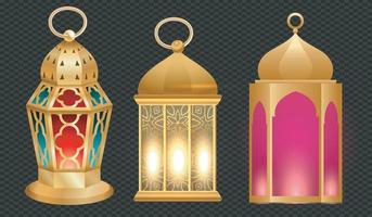 lanterne arabe oro vintage. set realistico di lampade luminose a sospensione con ornamenti arabi dorati. islamico splendente fanous isolato su sfondo trasparente vettore gratuito