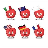 Mela cartone animato personaggio portare il bandiere di vario paesi vettore