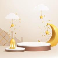 Podio islamico 3d in fondo crema con falce di luna, lanterna, stelle, nuvole vettore