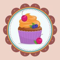 carino contento compleanno carta con un' Cupcake con ciliegie e mirtilli. piatto stile vettore illustrazione