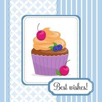 carino contento compleanno carta con un' Cupcake con ciliegie e mirtilli. piatto stile vettore illustrazione