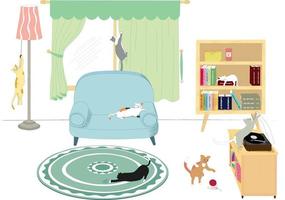 gatti nel vivente camera impostato colore vettore nel cartone animato stile. attivo carino gatti giocare con arredamento.