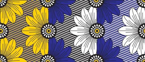 africano cera Stampa modello. senza soluzione di continuità bellissimo kitenge, chitenge, olandese cera, e angara stile. moda design nel colorato. giallo, blu, e bianca botanico fiori. africano cera Stampa tessuto. vettore