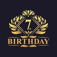 Logo di compleanno di 7 anni, celebrazione del settimo compleanno dorato di lusso. vettore