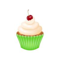 torta con ciliegia su superiore. delizioso Cupcake con frustato crema e ciliegia, confezionato nel un' verde ondulato carta tazza, su un' bianca sfondo. vettore illustrazione.