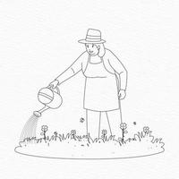 un' disegno di un' donna nel un' cappello e grembiule irrigazione fiore giardino vettore