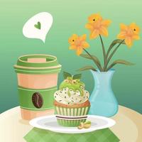 eco salutare verde romantico prima colazione con caffè nel un' carta tazza, pistacchio Cupcake con noccioline e menta le foglie su il piatto e giunchiglie nel un' vaso su tavolo con verde scacchi tovaglia vettore