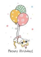 carino divertente giocoso calicò gatto volante con palloncini, miagolante compleanno, allegro animale domestico animale cartone animato scarabocchio personaggio disegno vettore