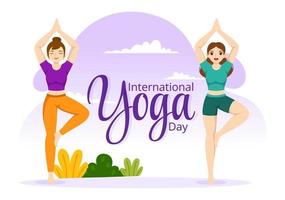 internazionale yoga giorno illustrazione su giugno 21 con donna fare corpo posizione pratica o meditazione nel assistenza sanitaria piatto cartone animato mano disegnato modelli vettore