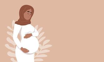 bellissimo incinta musulmano donna abbracci sua gonfiarsi. il concetto di gravidanza e maternità. salutare gravidanza. salutare gravidanza striscione. vettore