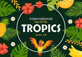 internazionale giorno di il tropico vettore illustrazione su 29 giugno con animale, erba e fiore impianti per conserva nel piatto cartone animato mano disegnato modelli
