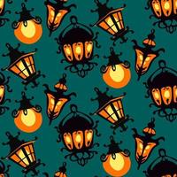 un' modello di decorativo sospeso strada luci. nero giardino lampade nel diverso stili di arte nuovo, classico, minimalismo. strada lampada. un vecchio stile metallo lampada. Halloween regalo involucro su un' blu vettore