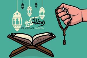 Ramadan kareem santo mese di Islam saluto illustrazione con Corano e corona di perline nel mano vettore design. islamico vacanza icona concetto. leggere Corano o recitare il Corano concetto.