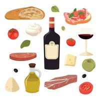 vettore impostato di italiano prodotti. viaggio illustrazione con italiano formaggio, carne, pane, pomodori, e vino. isolato su bianca sfondo.