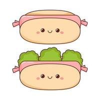 Due diverso hot dog con salsiccia con occhi e Sorridi kawaii stile vettore